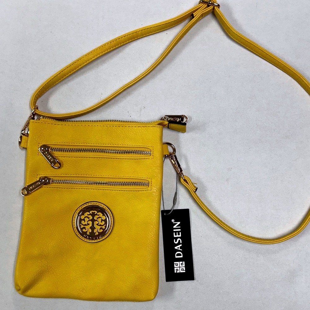 Dasein Yellow Vegan Leather Crossbody Bag Sm Messenger Purse Gold Hardware NEW